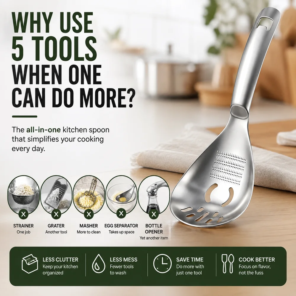 The multifunctional stainless steel kitchen spoon shown in full